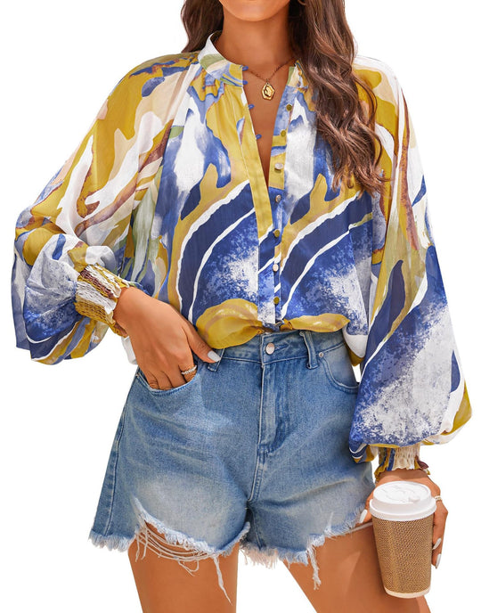 Damen Bluse mit kunstvollem Druck und geschöpften Ärmeln R&B