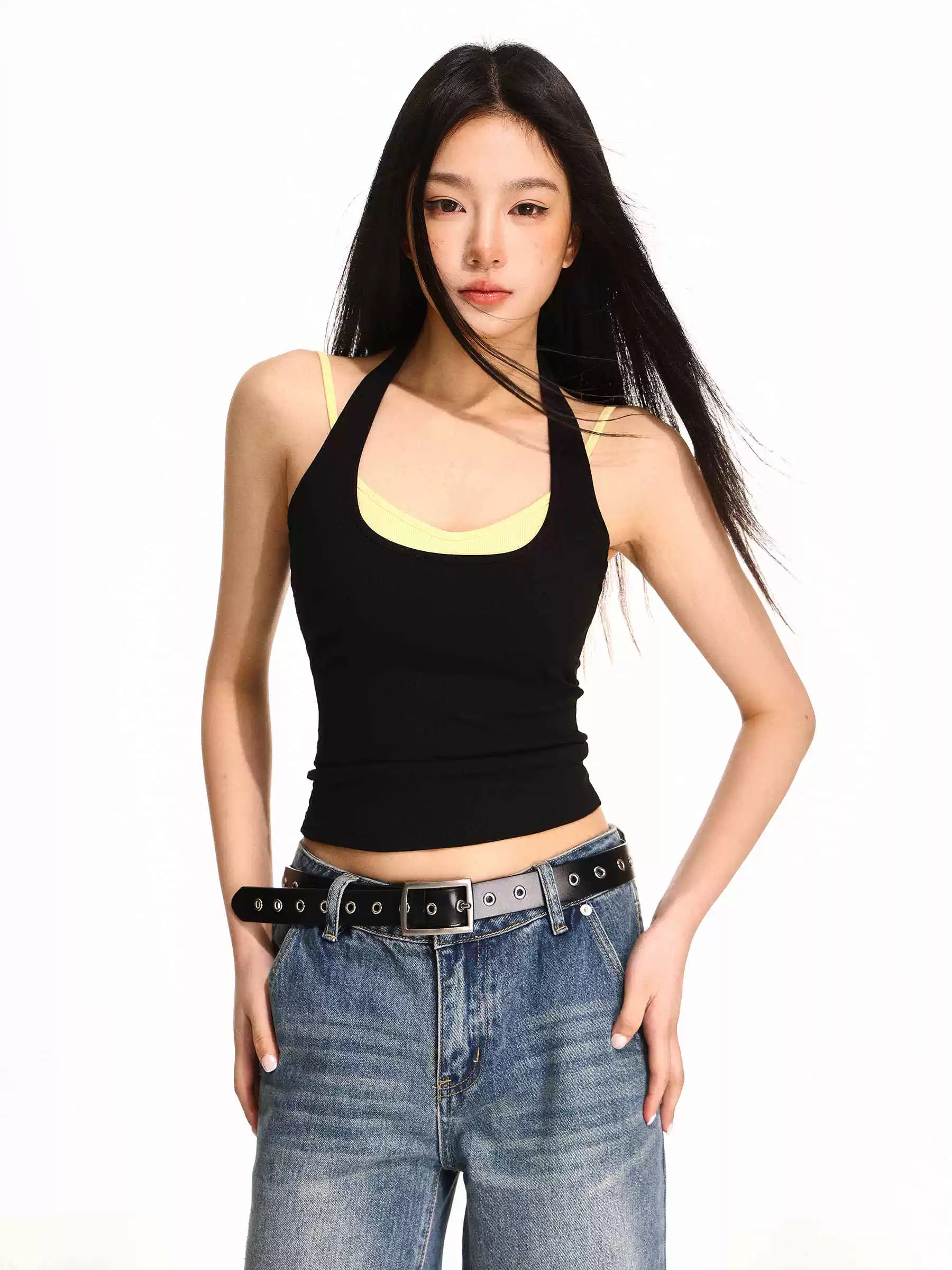Damen nan doppellagiges formgR&Bendes Neckholder-Oberteil mit integriertem Unterbustier und feiner Rippstruktur R&B