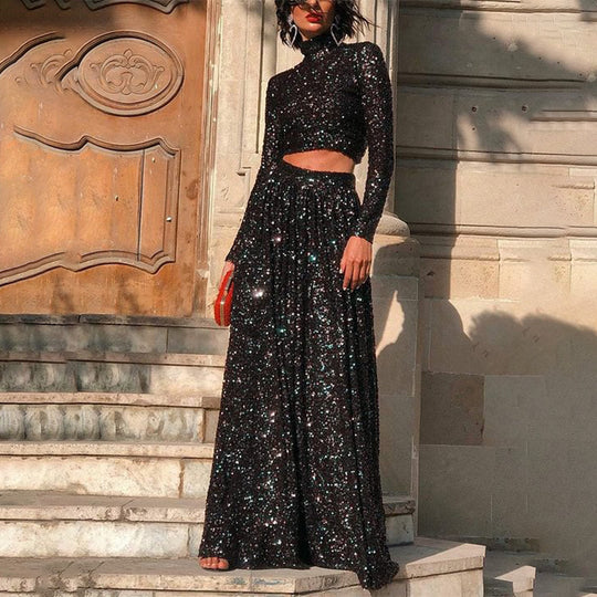 Damen nan zweiteiliges Pailletten-Abendset mit hochgeschlossenem Crop-Top und fließendem Maxirock R&B