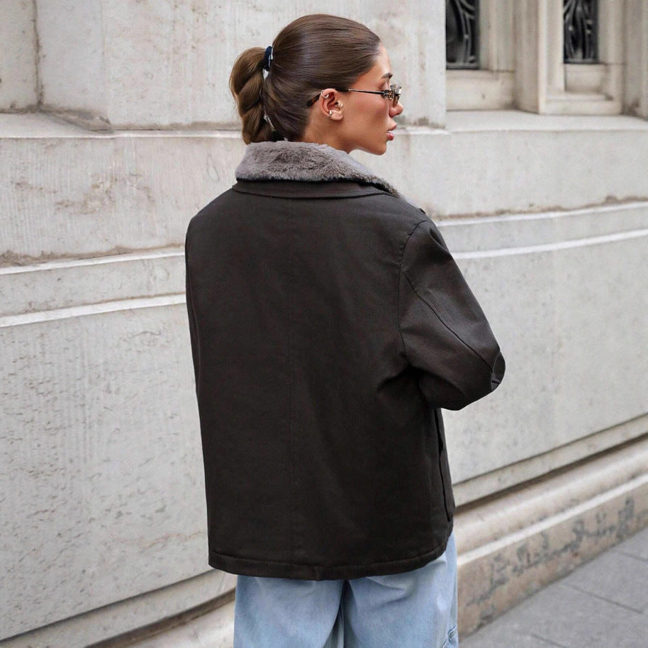 Damen lässige Übergangsjacke mit Kunstfellkragen und praktischen Taschen R&B
