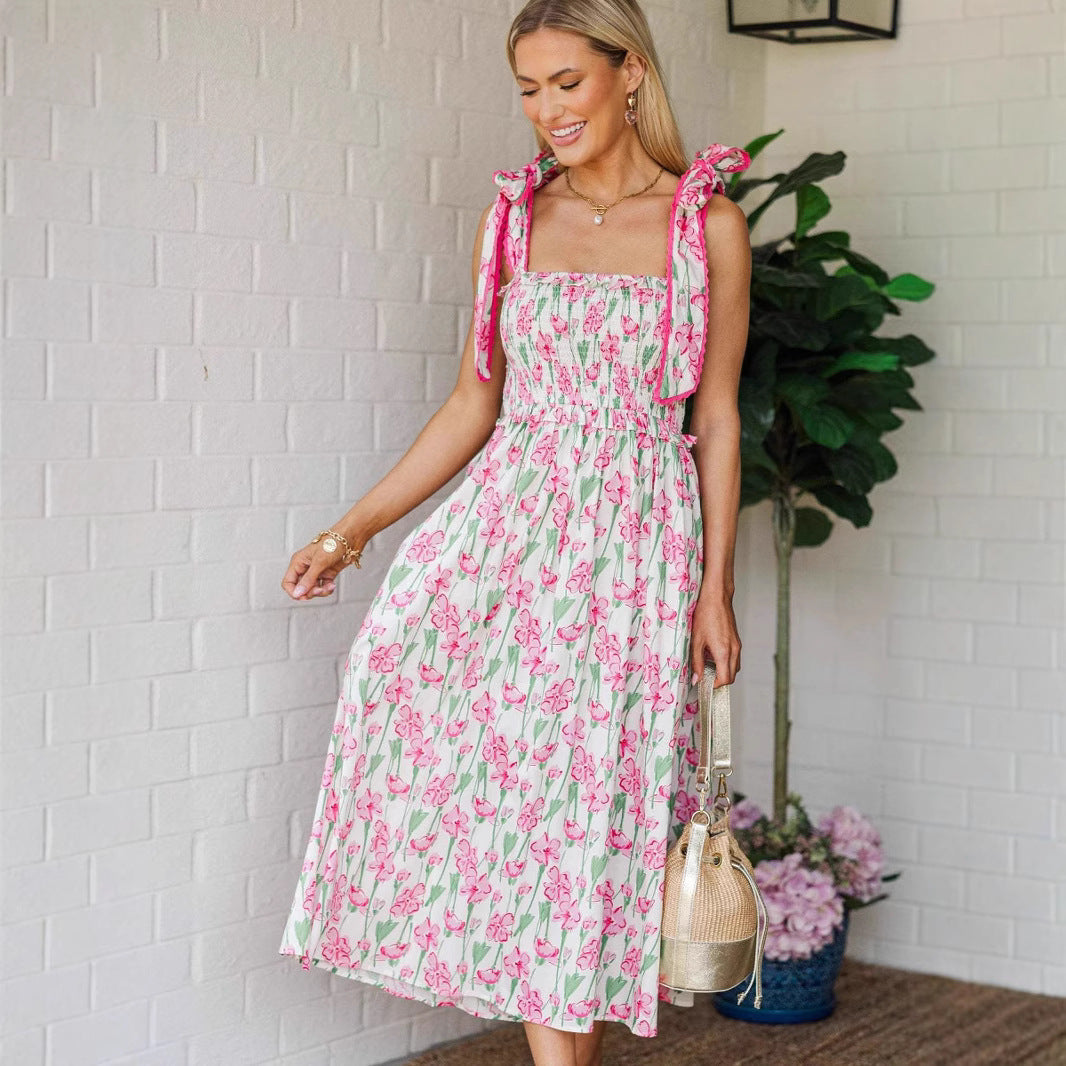 Damen Sommerkleid mit Raffung und schulterlangen BindR&Bändern R&B