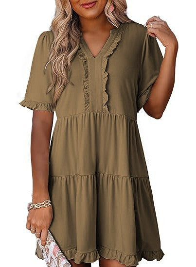 Damen nan leichtes Swingkleid mit V-Ausschnitt, gestufter Rockpartie und zarten Volants R&B