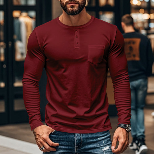 Herren langärmliges Henley-Shirt mit strukturierter Baumwolloberfläche und Brusttasche R&B