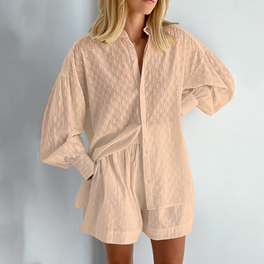 Damen lässiges Hemd-Shorts-Set mit elegantem Webmuster R&B