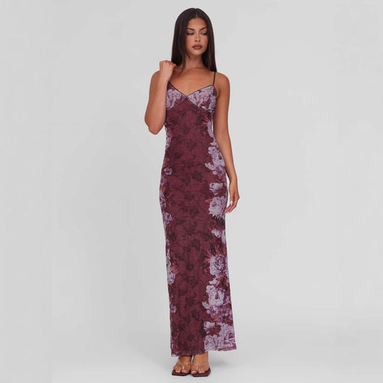 Damen nan figurbetontes Slip-Maxikleid mit Spaghettiträgern, Miedernaht und floral-barockem Digitaldruck R&B