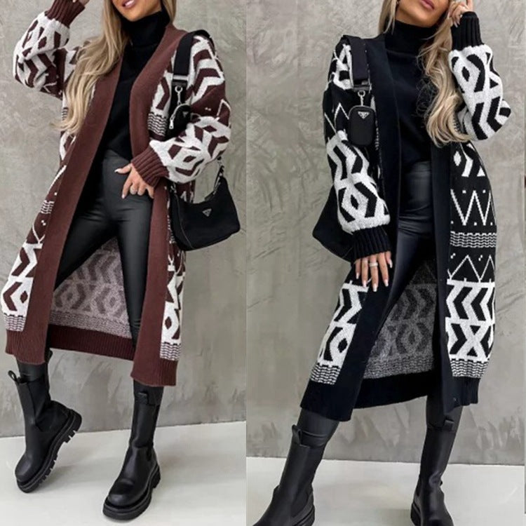 Damen Grobstrick-Cardigan mit grafischem Muster und offenem Schnitt R&B