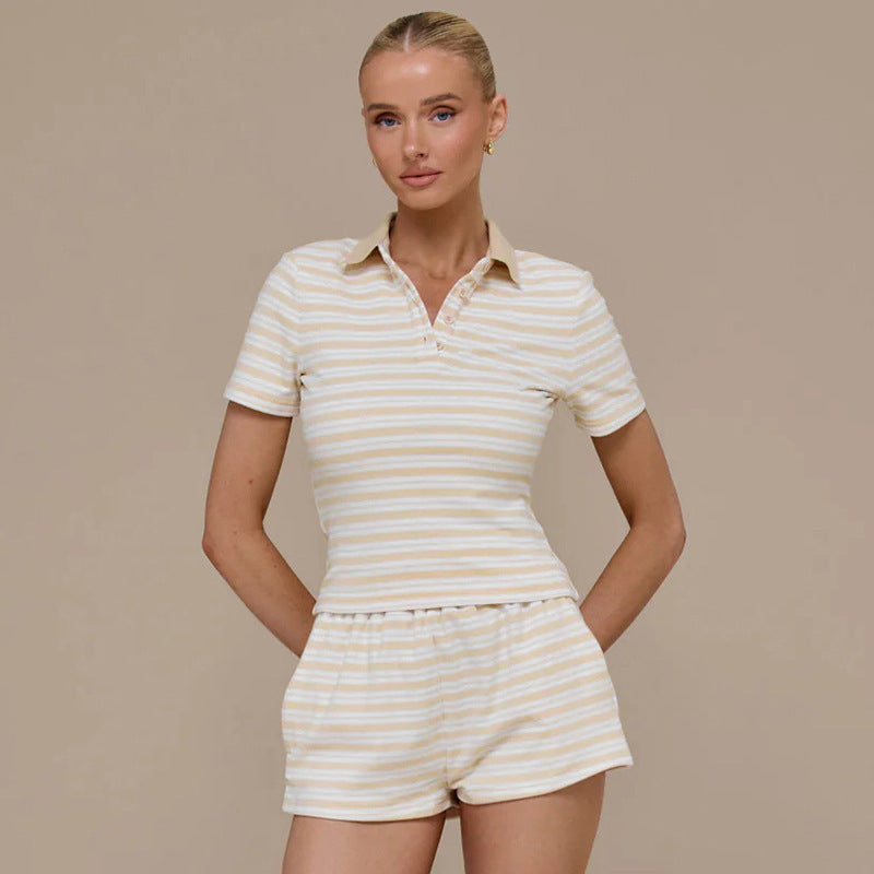 Damen gestreiftes Schlafset mit Poloshirt und Shorts R&B