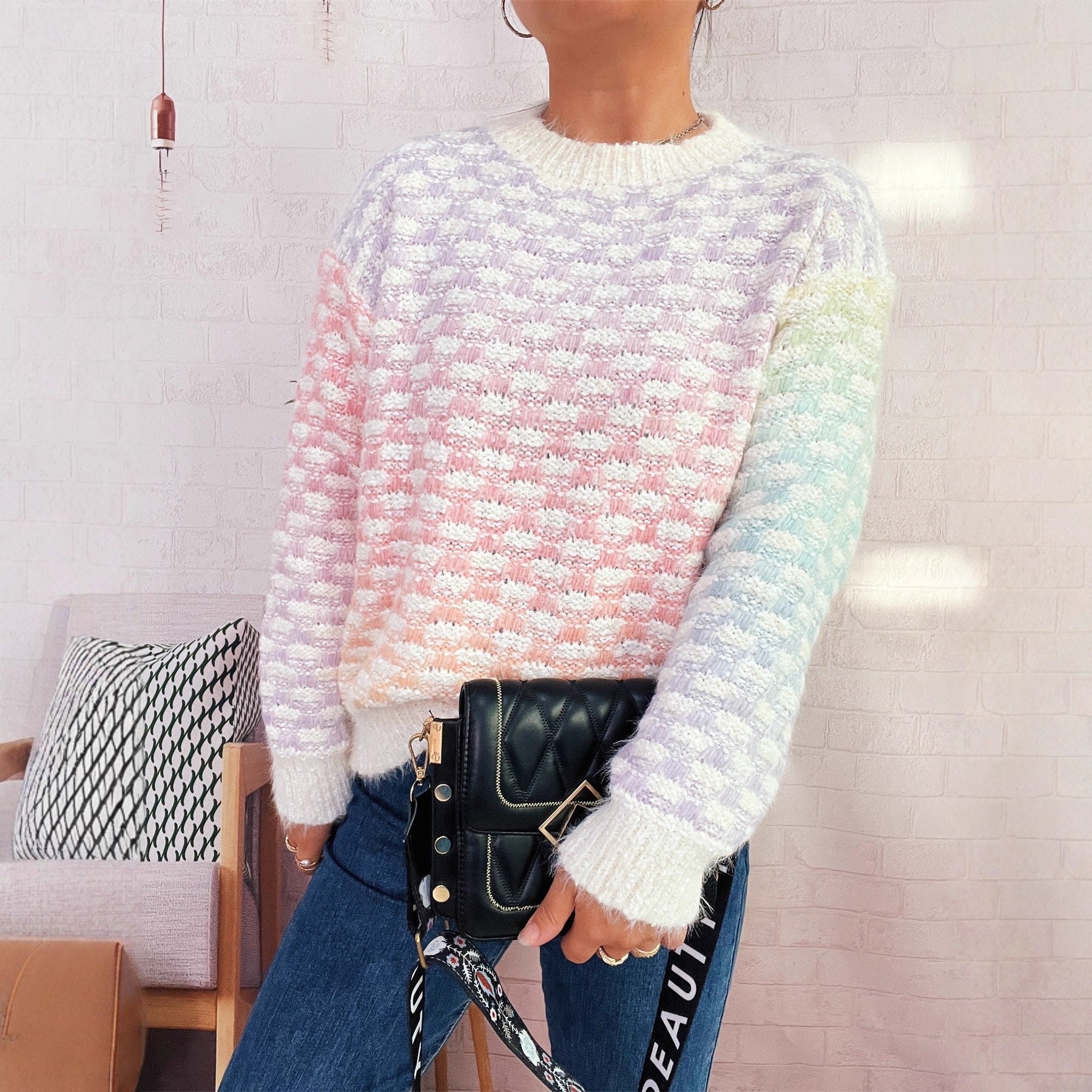 Damen Modischer Strickpullover mit Karo-Muster R&B