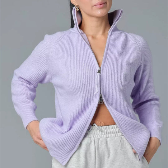 Damen Strickjacke mit hohem Kragen und Reißverschluss R&B