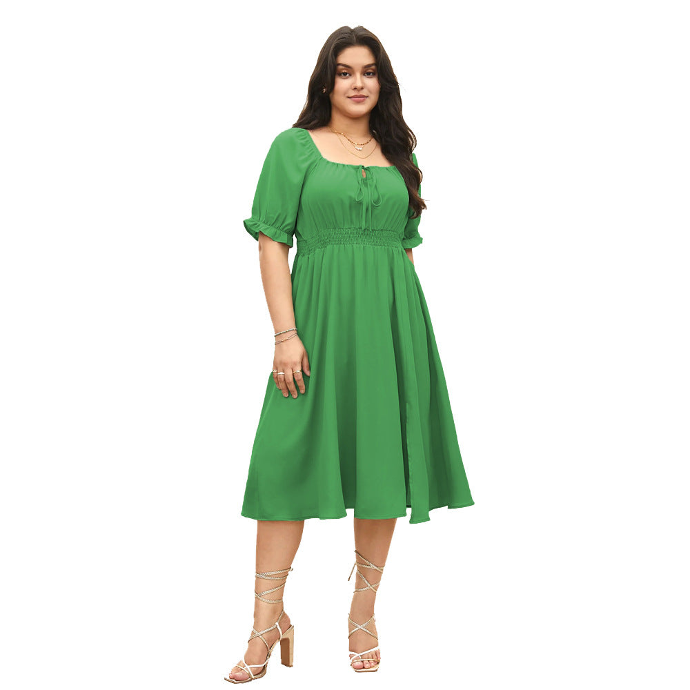 Damen Midi-Kleid mit Puffärmeln und elastischem Taillenbund R&B