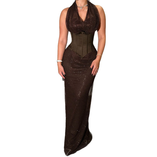 Damen Langarm Maxikleid mit eleganter A-Linien-Silhouette und schimmernden Details R&B