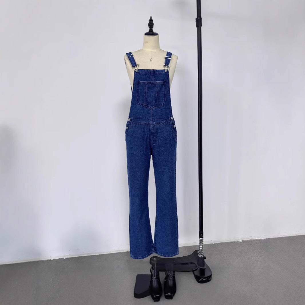 Damen lässige Denim-Latzhose mit praktischen Taschen und weiten Beinen R&B