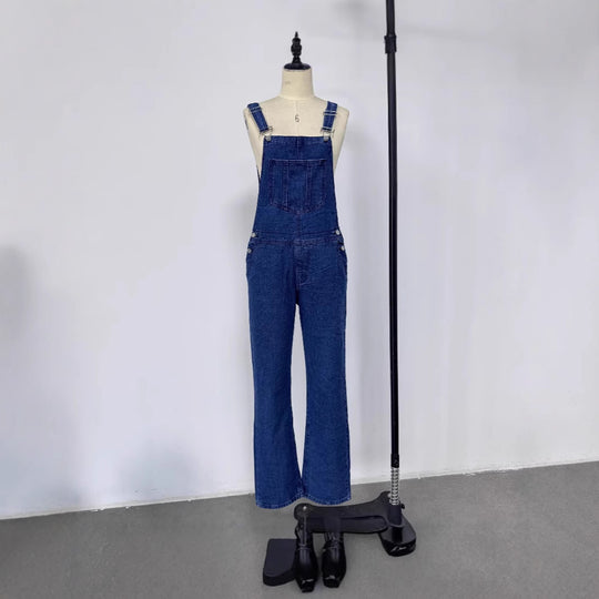 Damen lässige Denim-Latzhose mit praktischen Taschen und weiten Beinen R&B
