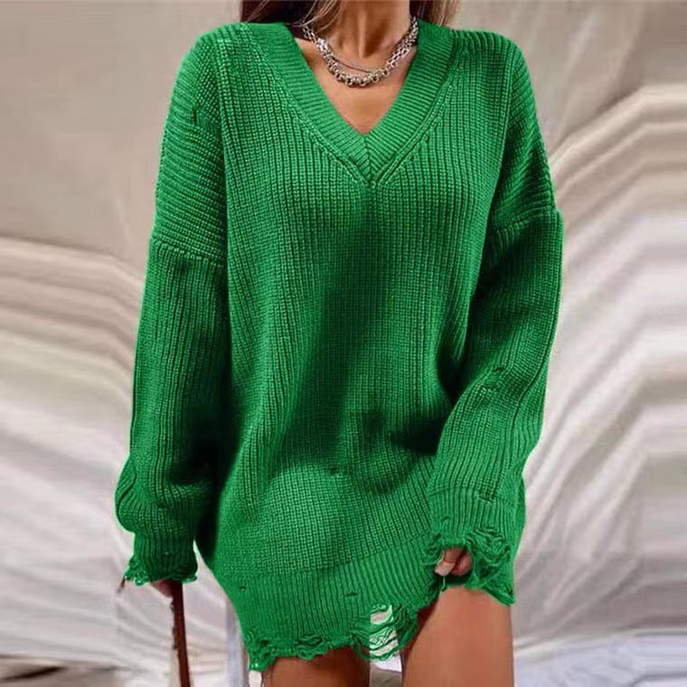 Damen Lässiger Pullover im Oversized-Stil mit V-Ausschnitt und lässigen Fransen R&B