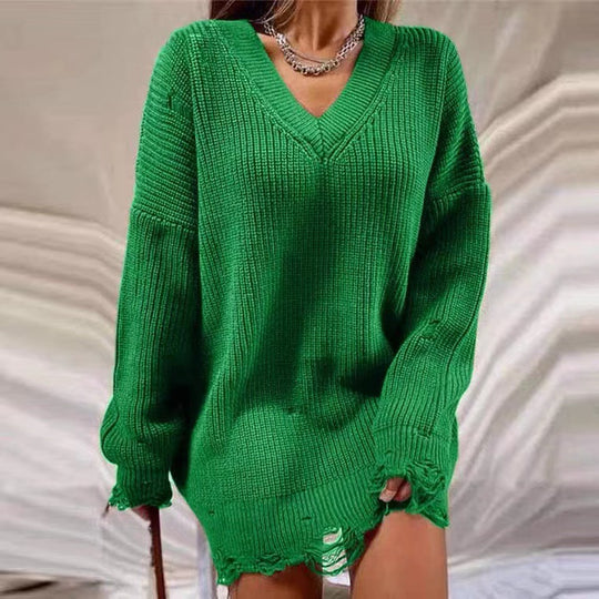 Damen Lässiger Pullover im Oversized-Stil mit V-Ausschnitt und lässigen Fransen R&B