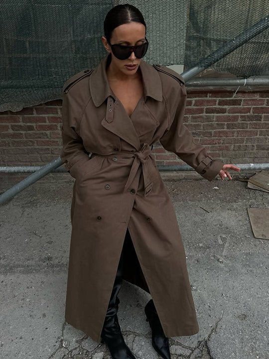 Damen eleganter Trenchcoat mit Taillengürtel und hochgeschlossenem Kragen R&B