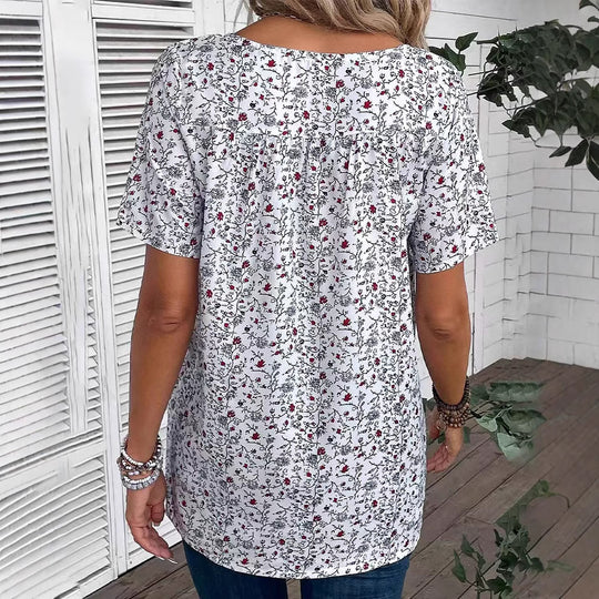 Damen nan locker geschnittene Kurzarmbluse mit V-Ausschnitt, feinem Blumenprint und Kellerfalte R&B