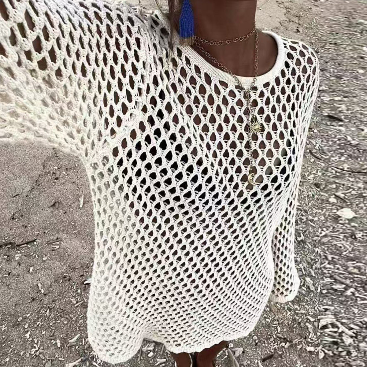 Damen luftiger Häkel-Strandüberwurf mit weiten Ärmeln und asymmetrischem Saum R&B