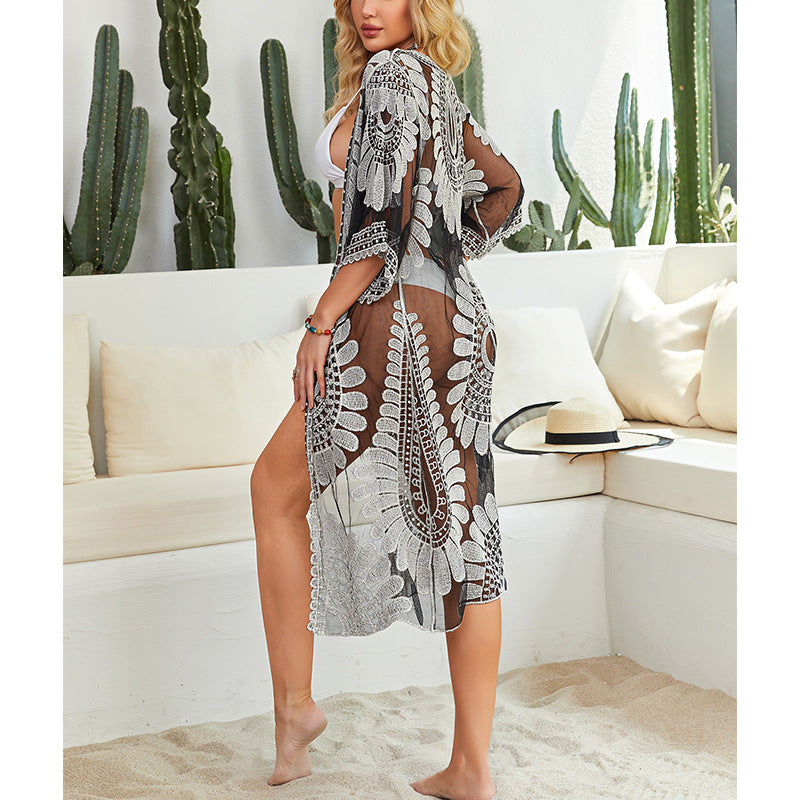 Damen Häkel-Strandüberwurf mit floralen Motiven und lockerem Schnitt R&B