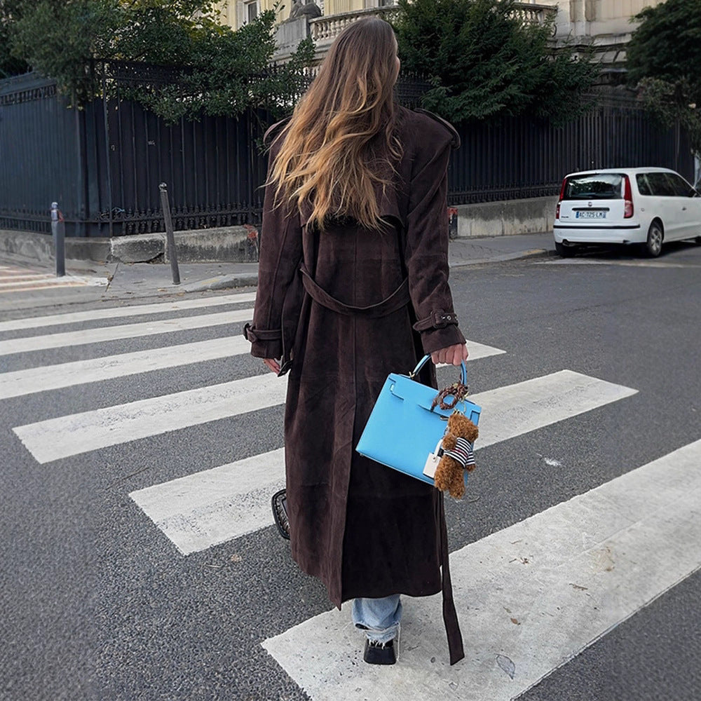 Damen Edler Suede-Trenchcoat mit breitem Kragen und praktischen Taschen R&B