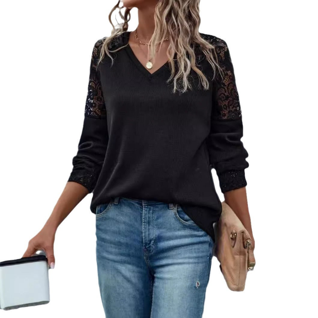 Damen V-Ausschnitt Pullover mit Spitzenärmeln R&B