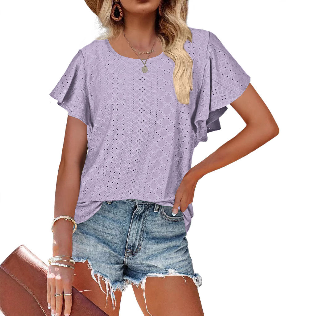 Damen Kurzärmlige Bluse mit Rüschendetails und Lochmuster R&B