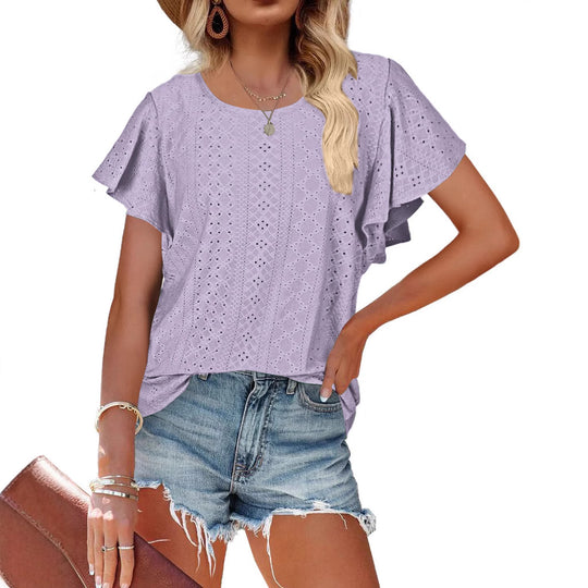 Damen Kurzärmlige Bluse mit Rüschendetails und Lochmuster R&B
