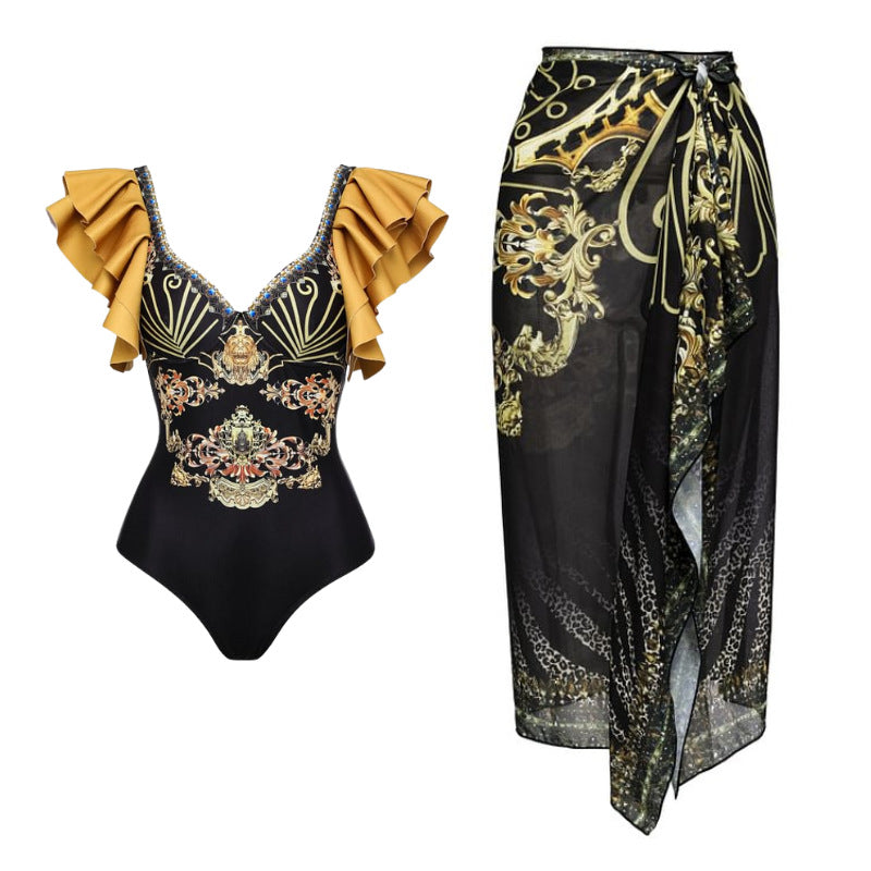 Damen Einteiler Badeanzug mit elegantem Design und passendem Wickeltuch R&B