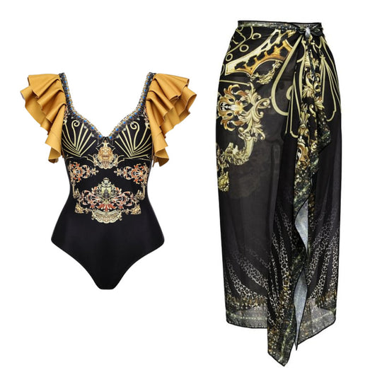 Damen Einteiler Badeanzug mit elegantem Design und passendem Wickeltuch R&B