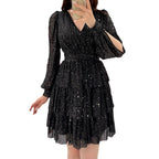 Damen festliches Mini-Kleid mit funkelnden Pailletten und voluminösen Ärmeln R&B