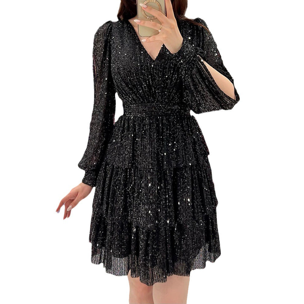 Damen festliches Mini-Kleid mit funkelnden Pailletten und voluminösen Ärmeln R&B