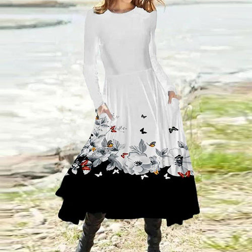 Damen nan fließendes Maxikleid mit Batikkreis-Muster, Rundhalsausschnitt, Taillennaht und Eingrifftaschen R&B