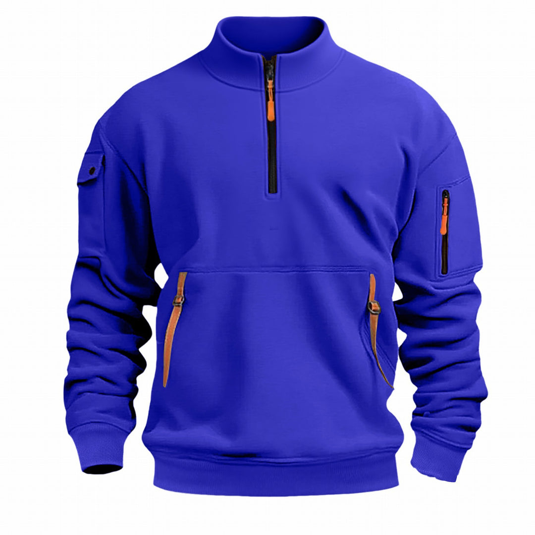 Herren nan Sweatshirt mit Stehkragen, halbem Reißverschluss, Kängurutasche und Ärmeltasche R&B