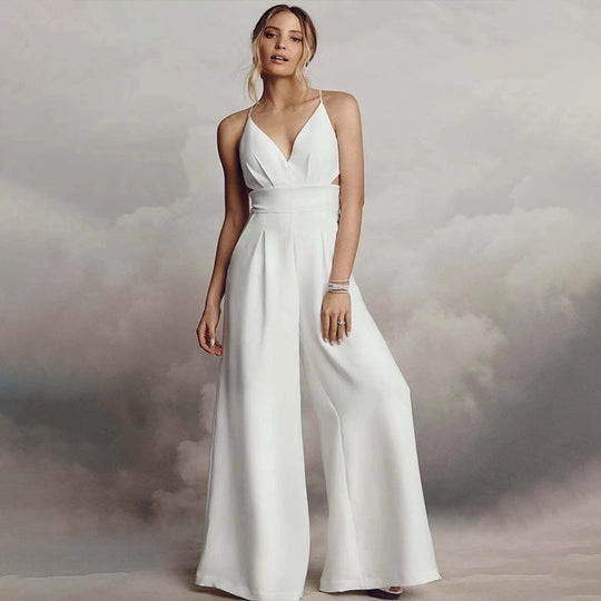 Damen Jumpsuit mit Elegantem V-Ausschnitt und Fließendem Bein R&B