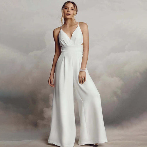 Damen Jumpsuit mit Elegantem V-Ausschnitt und Fließendem Bein R&B