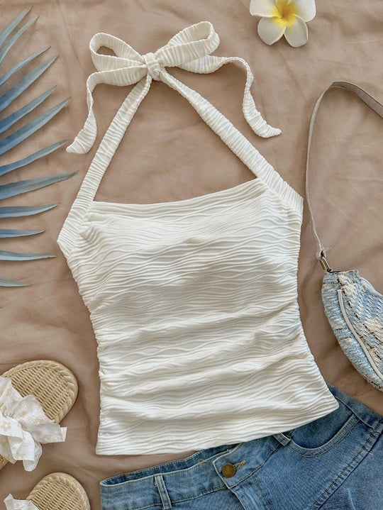 Damen Trägershirt mit dekorativem Knoten und wellenförmigem Design R&B