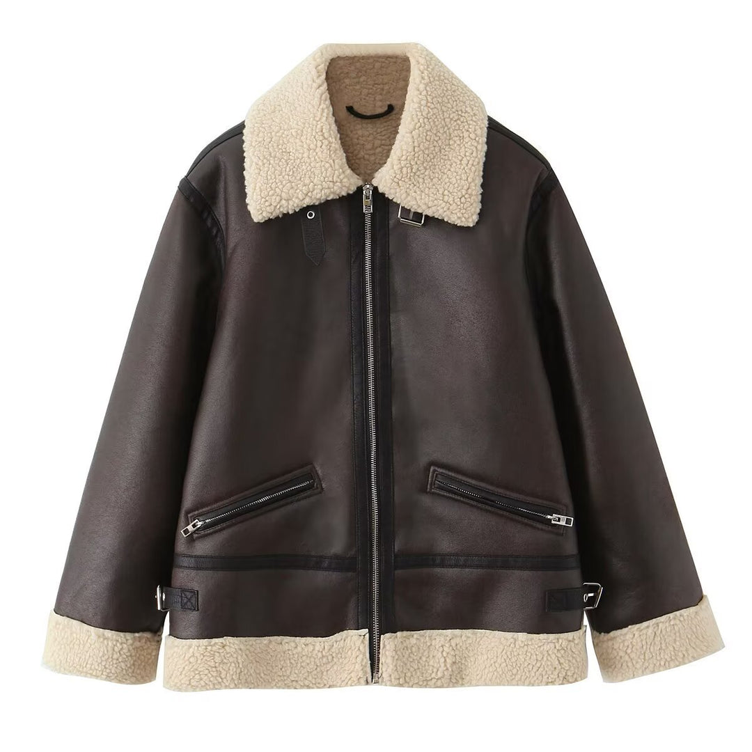 Damen Kunstlederjacke mit warmem Sherpa-Futter und praktischen Reißverschlusstaschen R&B