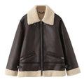 Damen Kunstlederjacke mit warmem Sherpa-Futter und praktischen Reißverschlusstaschen R&B