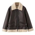 Damen Kunstlederjacke mit warmem Sherpa-Futter und praktischen Reißverschlusstaschen R&B