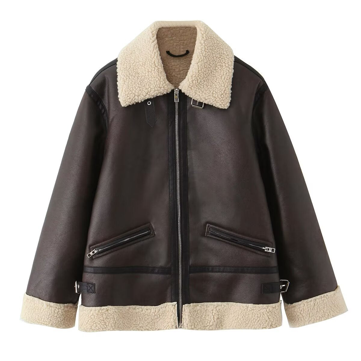 Damen Kunstlederjacke mit warmem Sherpa-Futter und praktischen Reißverschlusstaschen R&B