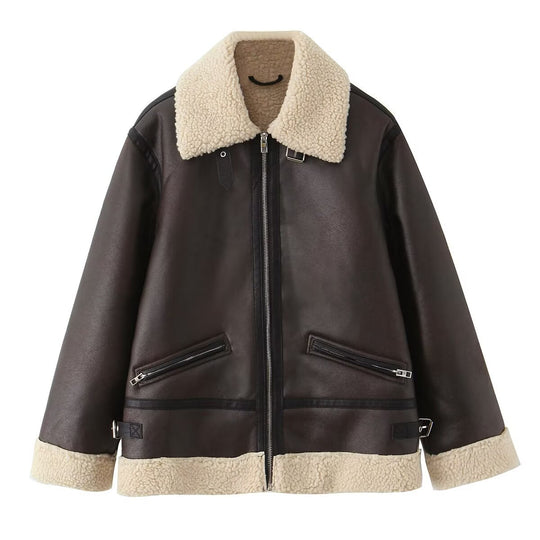 Damen Kunstlederjacke mit warmem Sherpa-Futter und praktischen Reißverschlusstaschen R&B
