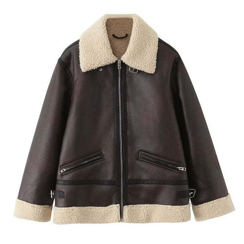 Damen Kunstlederjacke mit warmem Sherpa-Futter und praktischen Reißverschlusstaschen R&B