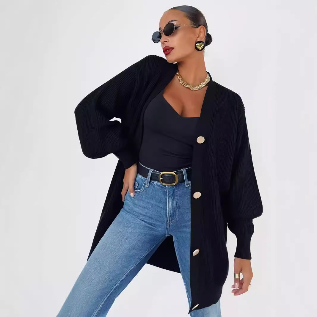 Damen Moderner Strickcardigan mit großen Knopfdetails und lässigem Schnitt R&B