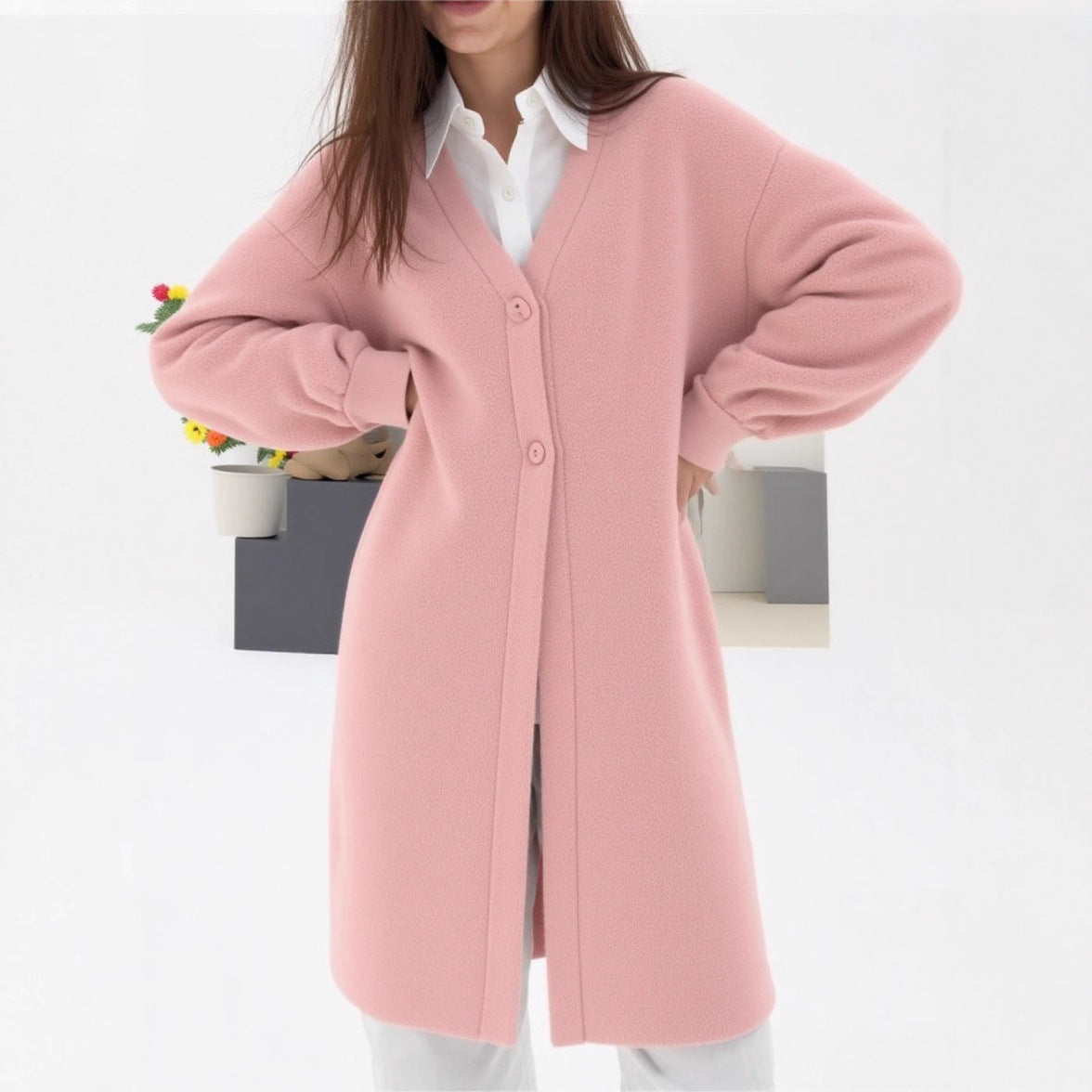 Damen gemütlicher Strickcardigan mit V-Ausschnitt und modischem Knopfverschluss R&B