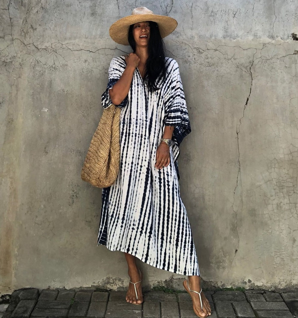 Damen Strandkleid mit buntem Batikdesign und weit geschnittenen Ärmeln R&B