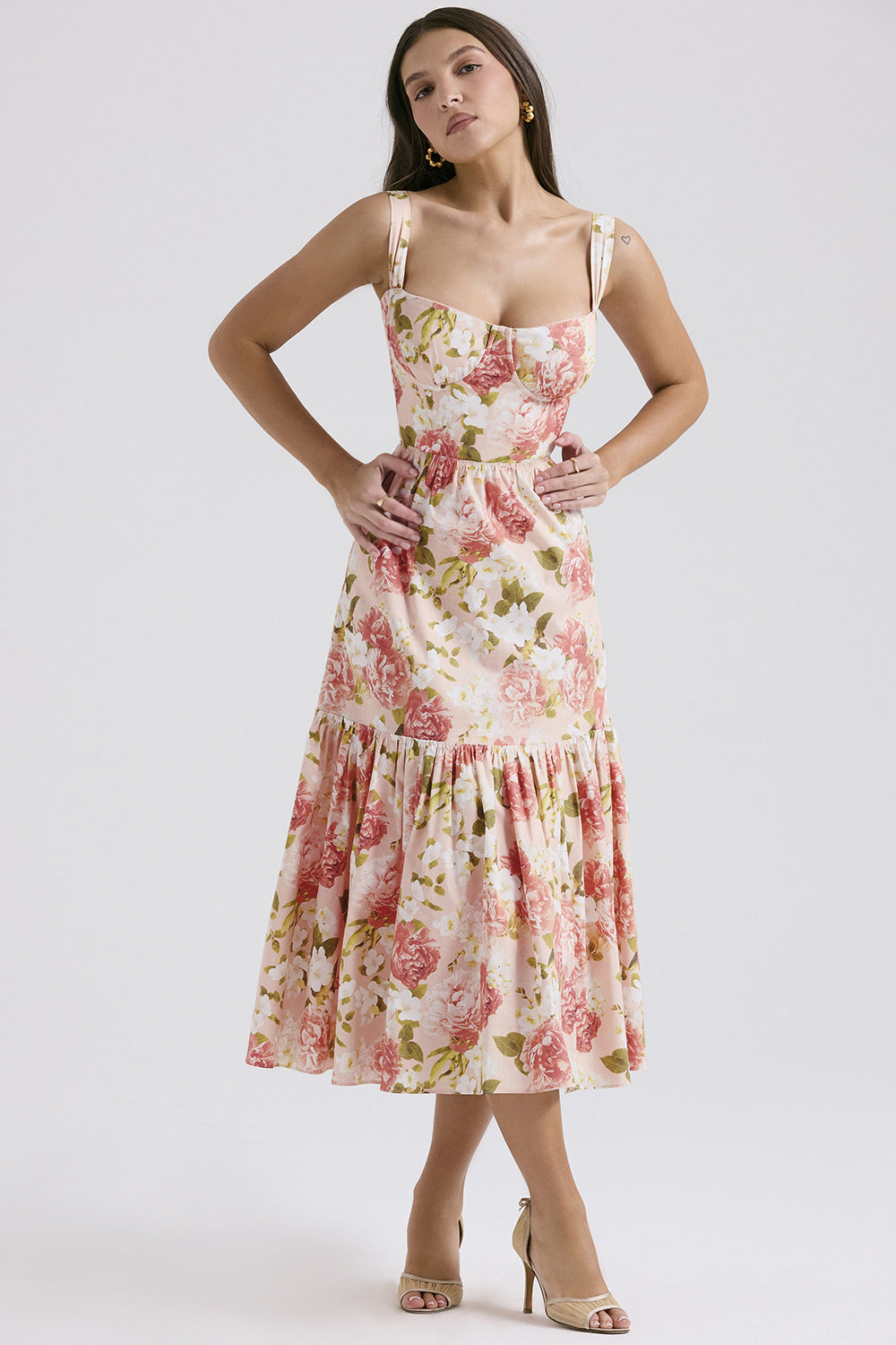 Damen Floral Maxikleid mit schulterfreiem Design und voluminösem Rock R&B
