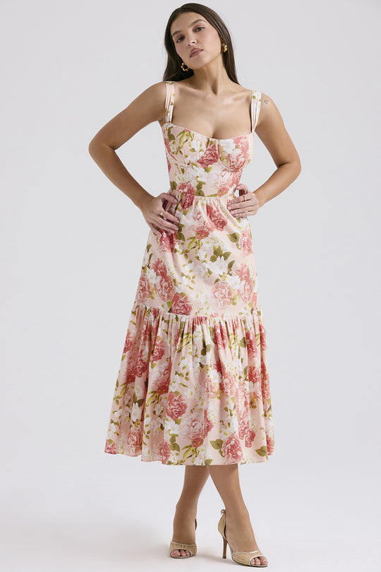 Damen Floral Maxikleid mit schulterfreiem Design und voluminösem Rock R&B