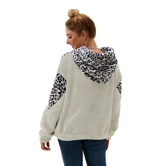 Damen Gemütlicher Teddy-Pullover mit Kapuze und Leopardenmuster R&B