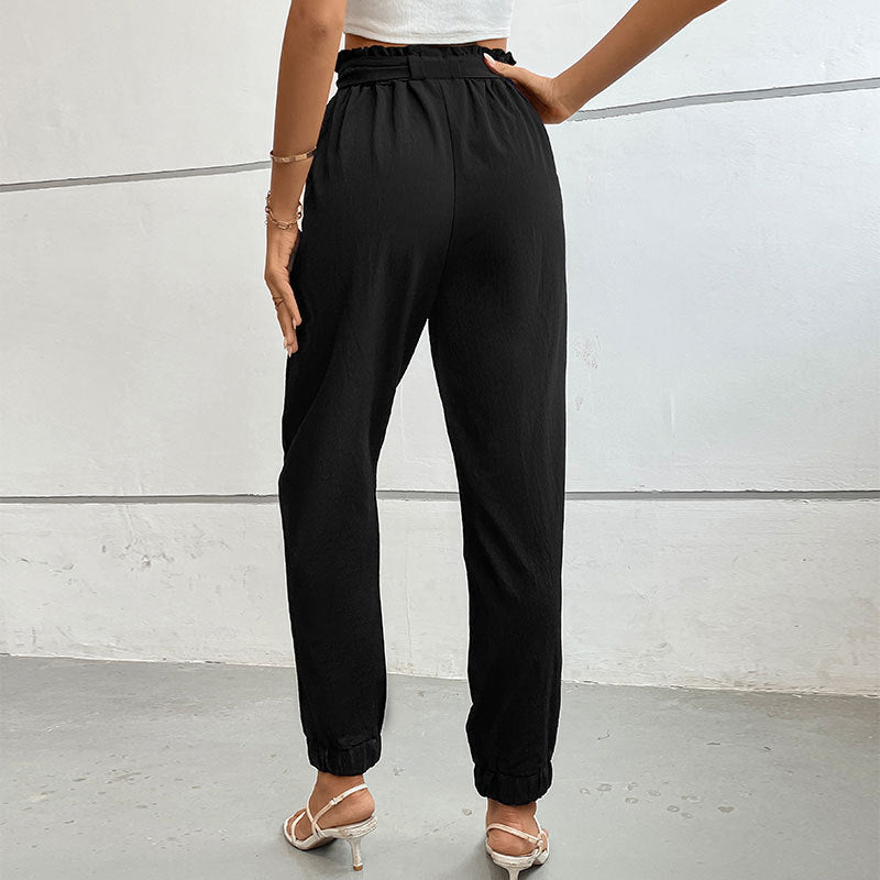Damen lässige Stoffhose mit elastischem Bund und Bindegürtel R&B
