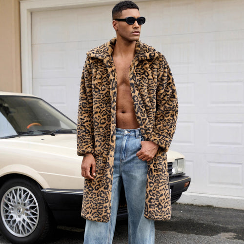 Herren Luxus Kunstpelzmantel mit Leopardenmuster R&B